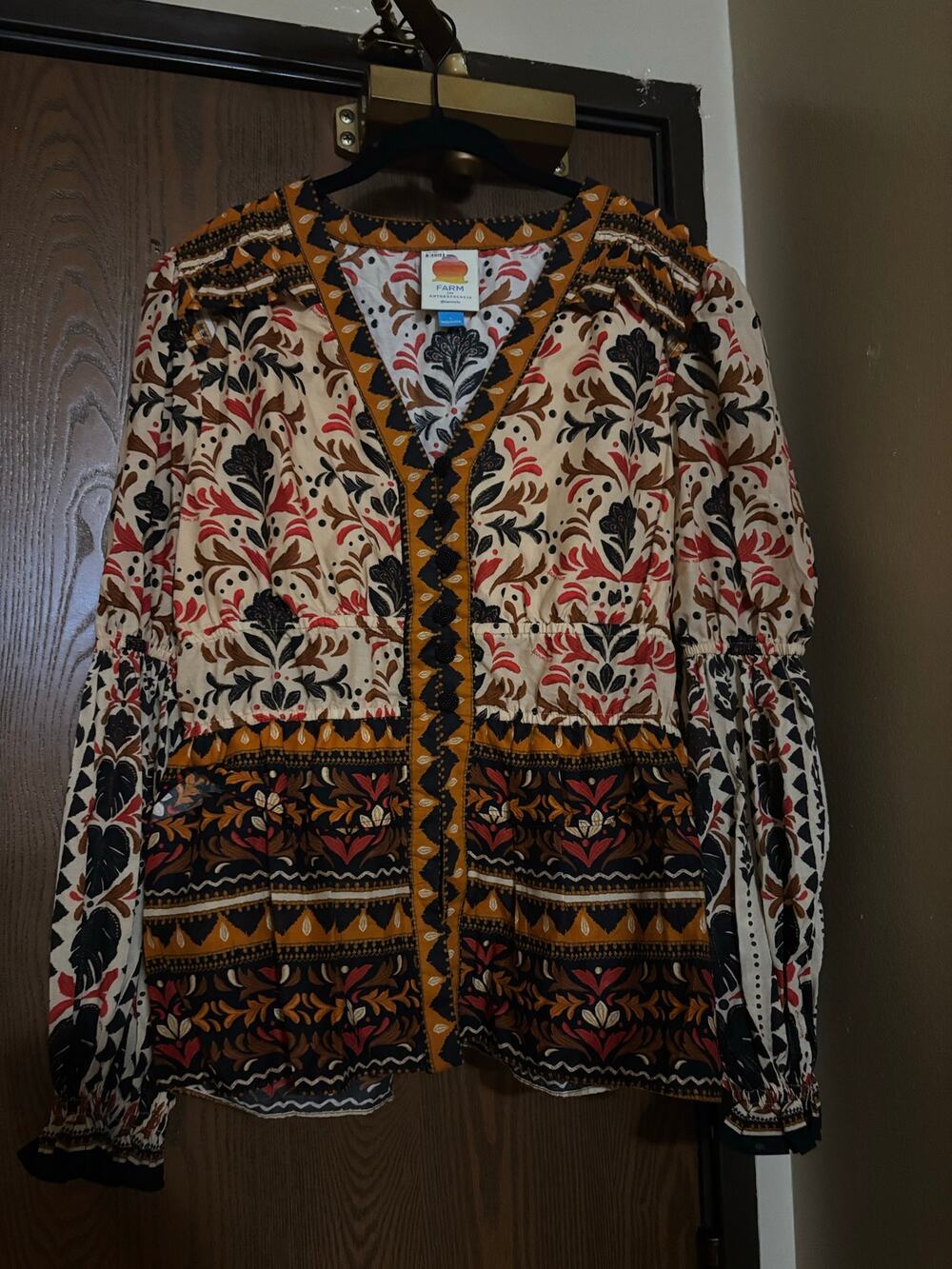 NWOT Farm Rio for Anthropologie Boho Floral Indie Tribal Long-Sleeved Blouse